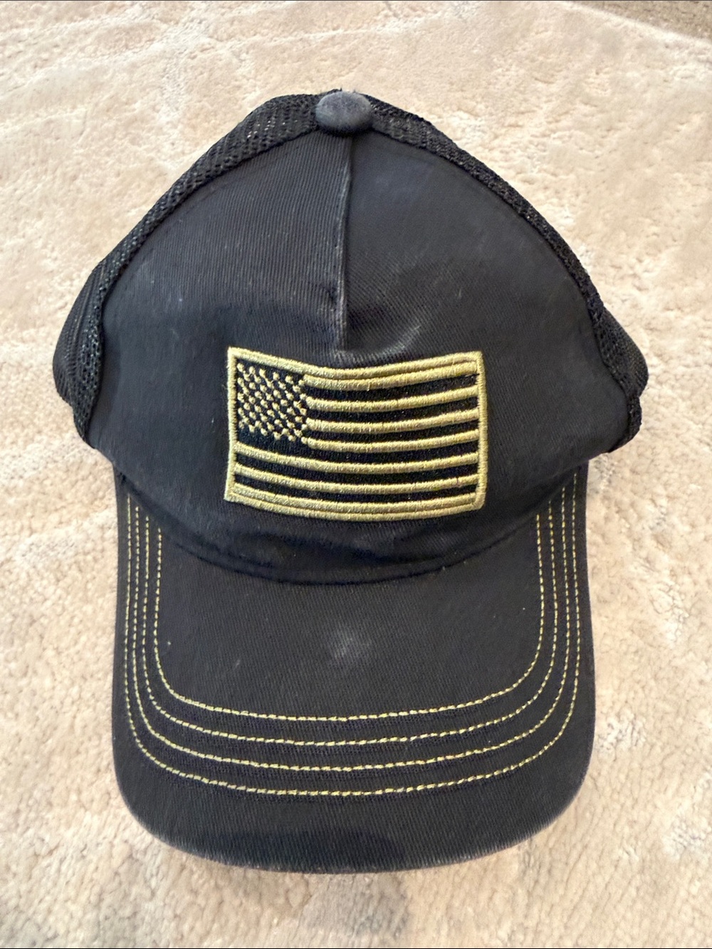 Black Trucker Cap with Yellow Embroidered American Flag